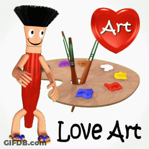 A Cartoon Character Standing Next To A Palette With Brushes And A Red Heart That Says Art GIF