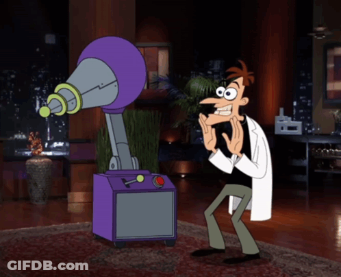 A Cartoon Character Standing Next To A Purple Machine With A Red Button On It GIF