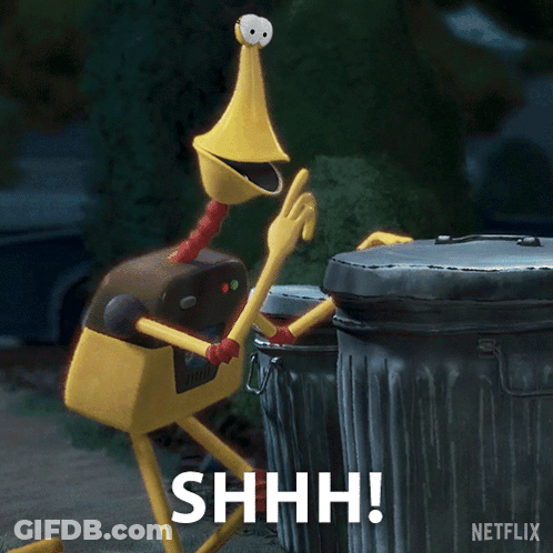 A Cartoon Character Standing Next To A Trash Can With The Words Shhh Written On It GIF