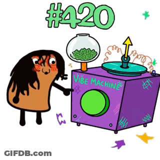 A Cartoon Character Standing Next To A Vibe Machine That Says # 420 GIF