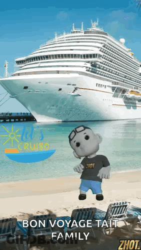 A Cartoon Character Standing On A Beach In Front Of A Cruise Ship . GIF