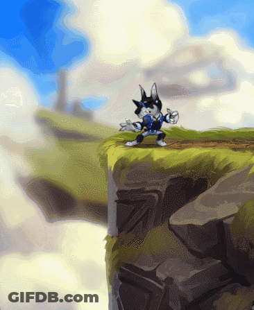 A Cartoon Character Standing On A Cliff With A Blue Shirt On GIF