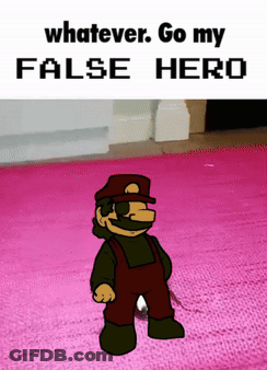 A Cartoon Character Standing On A Pink Rug With The Words " Whatever Go My False Hero " Below Him GIF