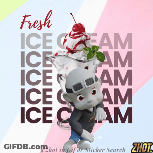 A Cartoon Character Stands In Front Of A Bowl Of Ice Cream With The Words Fresh Ice Cream Behind Him GIF