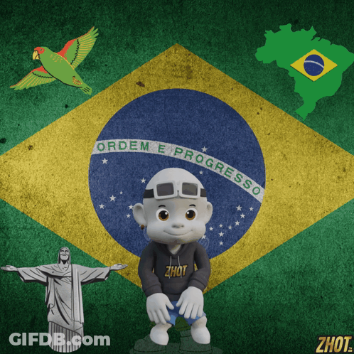 A Cartoon Character Stands In Front Of A Brazilian Flag With The Words Ordem E Progresso On It GIF