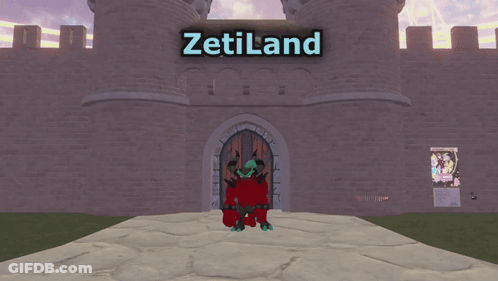 A Cartoon Character Stands In Front Of A Castle With A Sign That Says Zetiland On It GIF