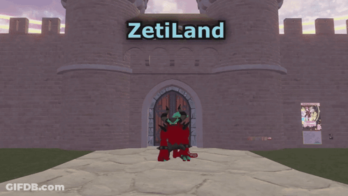 A Cartoon Character Stands In Front Of A Castle With The Name Zetiland Written On It GIF