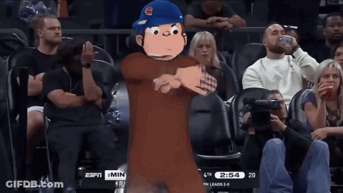 A Cartoon Character Stands In Front Of A Crowd Watching A Basketball Game Between The Chicago Cubs And The San Francisco GIF