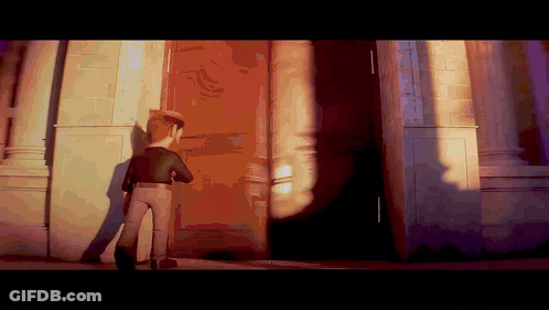 A Cartoon Character Stands In Front Of A Door That Is Open GIF