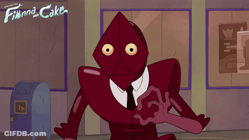 Cartoon Character In Front Of Finna And Cake Store GIF