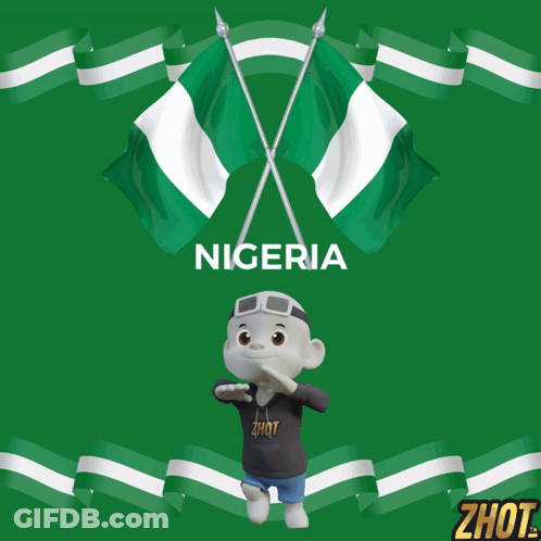 A Cartoon Character Stands In Front Of A Green Background With Flags And The Word Nigeria GIF