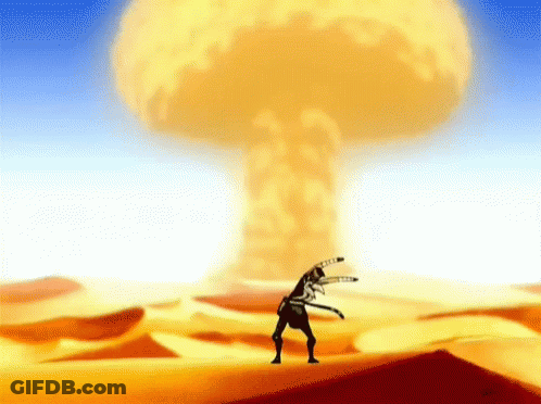 A Cartoon Character Stands In Front Of A Large Explosion In The Desert GIF