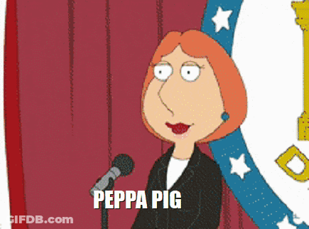 A Cartoon Character Stands In Front Of A Microphone With Peppa Pig Written Below Her GIF