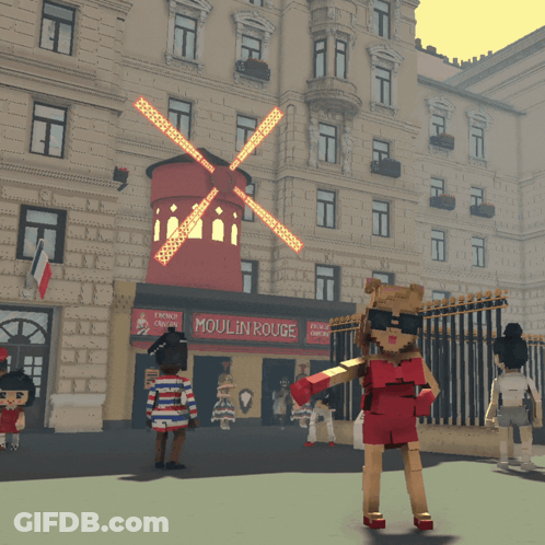 A Cartoon Character Stands In Front Of A Moulin Rouge Building GIF