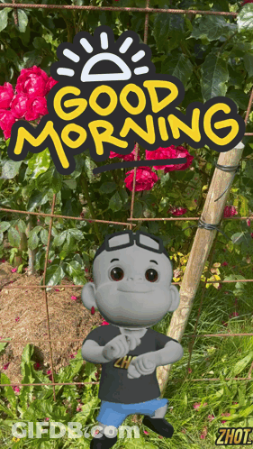 A Cartoon Character Stands In Front Of A Sign That Reads " Good Morning " GIF