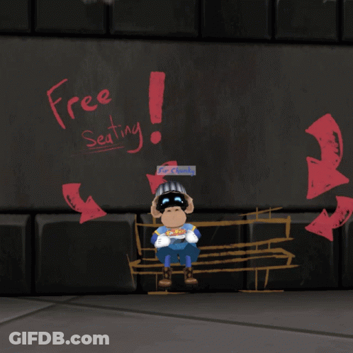 A Cartoon Character Stands In Front Of A Wall That Says Free Seating On It GIF