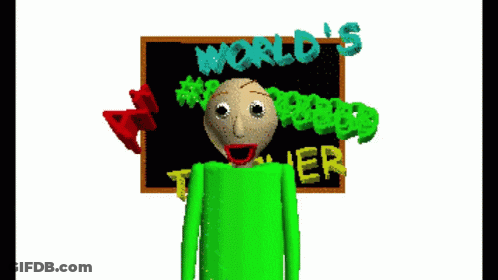 A Cartoon Character Stands In Front Of A World 'S Teacher Sign GIF