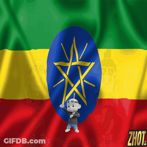 A Cartoon Character Stands In Front Of An Ethiopian Flag With The Word Zhot On The Bottom Right GIF