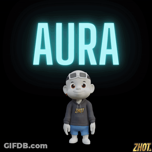 A Cartoon Character Stands In Front Of The Word Aura GIF