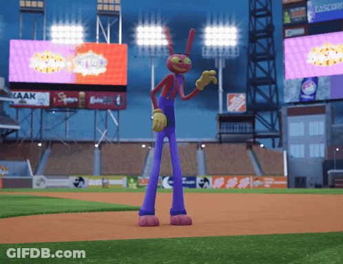 A Cartoon Character Stands On A Baseball Field In Front Of A Sign For Kaak GIF