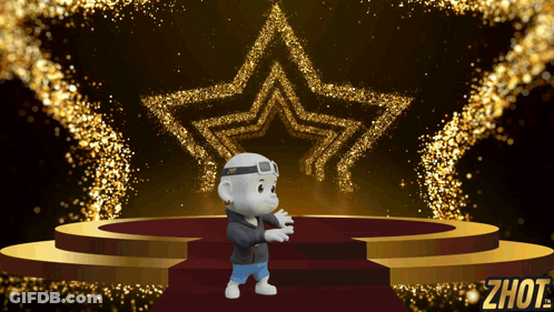 A Cartoon Character Stands On A Stage With A Star In The Background And The Word Zhot On The Bottom GIF