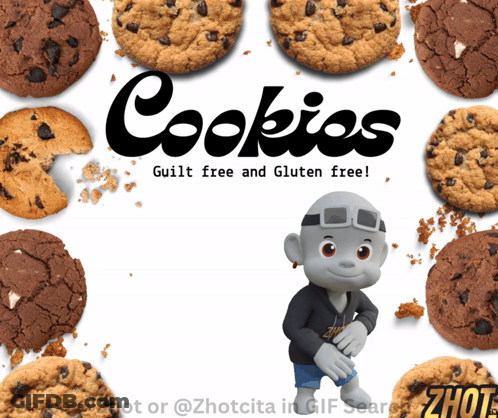A Cartoon Character Surrounded By Cookies With The Words Cookies Guilt Free And Gluten Free GIF