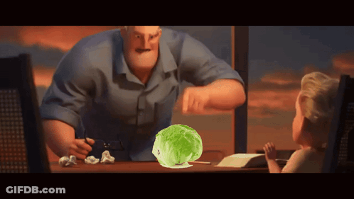 A Cartoon Character Talking To A Child With A Cabbage On The Table GIF