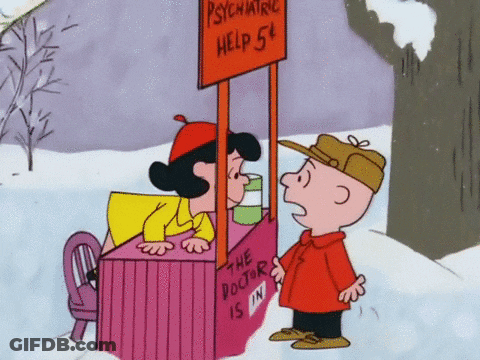 A Cartoon Character Talking To A Woman Behind A Psychiatric Help 54 Sign GIF