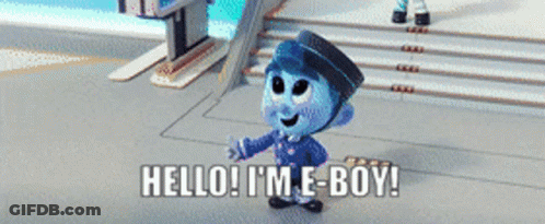 A Cartoon Character That Says Hello I 'M E Boy GIF