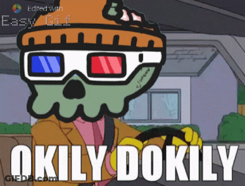 A Cartoon Character Wearing 3D Glasses Is Driving A Car And Says Okily Dokily GIF
