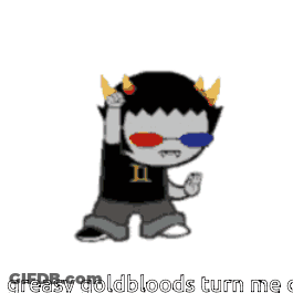A Cartoon Character Wearing 3D Glasses With The Words Greasy Goldbloods Turn Me GIF