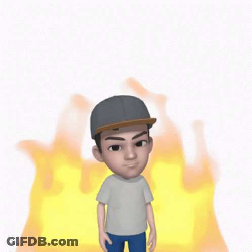 A Cartoon Character Wearing A Baseball Cap Stands In Front Of A Yellow Fire GIF