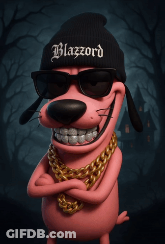 A Cartoon Character Wearing A Beanie That Says Blazord On It GIF