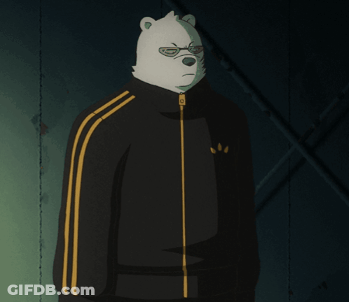 A Cartoon Character Wearing A Black Jacket With Yellow Stripes GIF