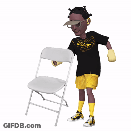 A Cartoon Character Wearing A Black Shirt That Says Jolof Is Standing Next To A White Folding Chair GIF