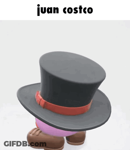 A Cartoon Character Wearing A Black Top Hat With Juan Costco Written Above It GIF