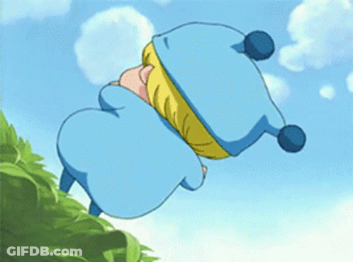 A Cartoon Character Wearing A Blue And Yellow Hat Is Flying Through The Air . GIF