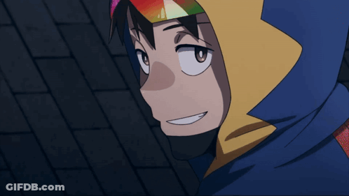 A Cartoon Character Wearing A Blue And Yellow Hoodie And A Rainbow Colored Goggles GIF