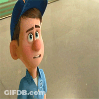A Cartoon Character Wearing A Blue Hat And A Blue Shirt Is Standing On A Concrete Floor . GIF