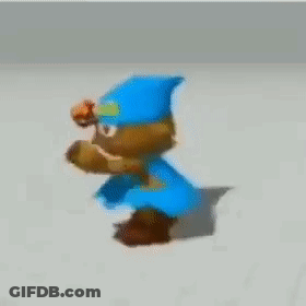 A Cartoon Character Wearing A Blue Hat And Orange Glasses Is Dancing On A White Surface . GIF