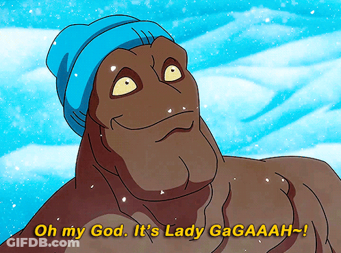 A Cartoon Character Wearing A Blue Hat Says Oh My God It 'S Lady Gagaaah GIF
