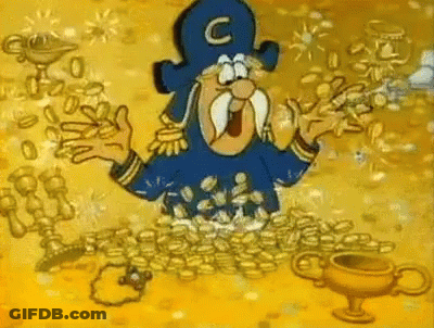 A Cartoon Character Wearing A Blue Hat With The Letter C On It Is Surrounded By Gold Coins GIF