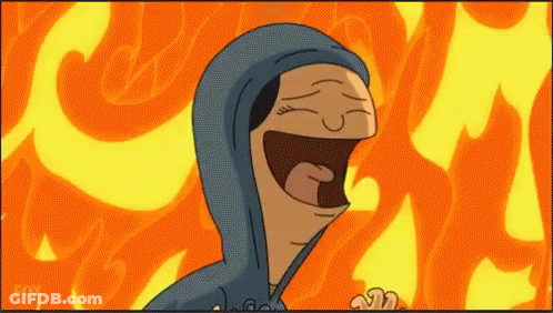 A Cartoon Character Wearing A Blue Hoodie Is Laughing With Flames Behind Him GIF