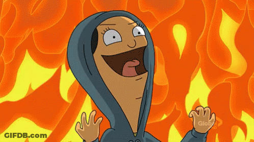 A Cartoon Character Wearing A Blue Hoodie Is Standing In Front Of A Fire Background GIF