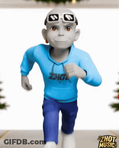 A Cartoon Character Wearing A Blue Hoodie With The Word Zhot On It GIF
