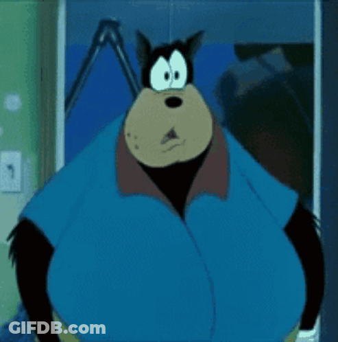 A Cartoon Character Wearing A Blue Shirt Is Standing In Front Of A Window GIF