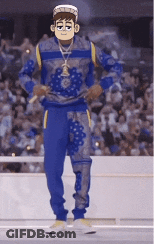 A Cartoon Character Wearing A Blue Sweater And Blue Pants Is Standing In Front Of A Crowd GIF