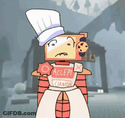A Cartoon Character Wearing A Chef 'S Hat And A Shirt That Says Accept Claws GIF