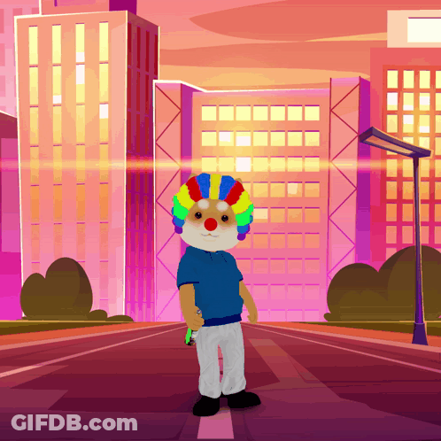 A Cartoon Character Wearing A Clown Wig Stands In Front Of A City GIF