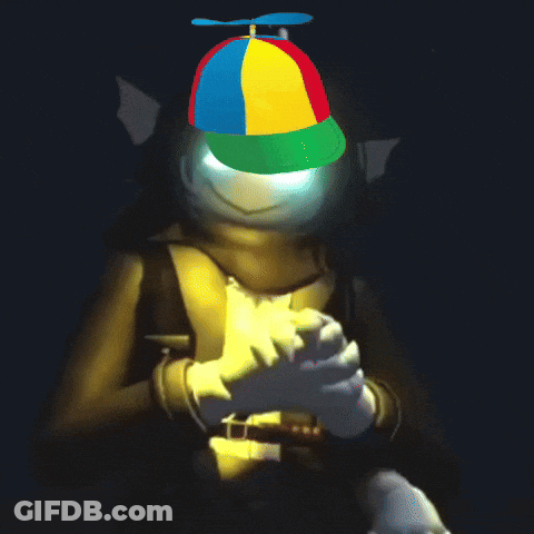 A Cartoon Character Wearing A Colorful Hat With A Propeller On It GIF